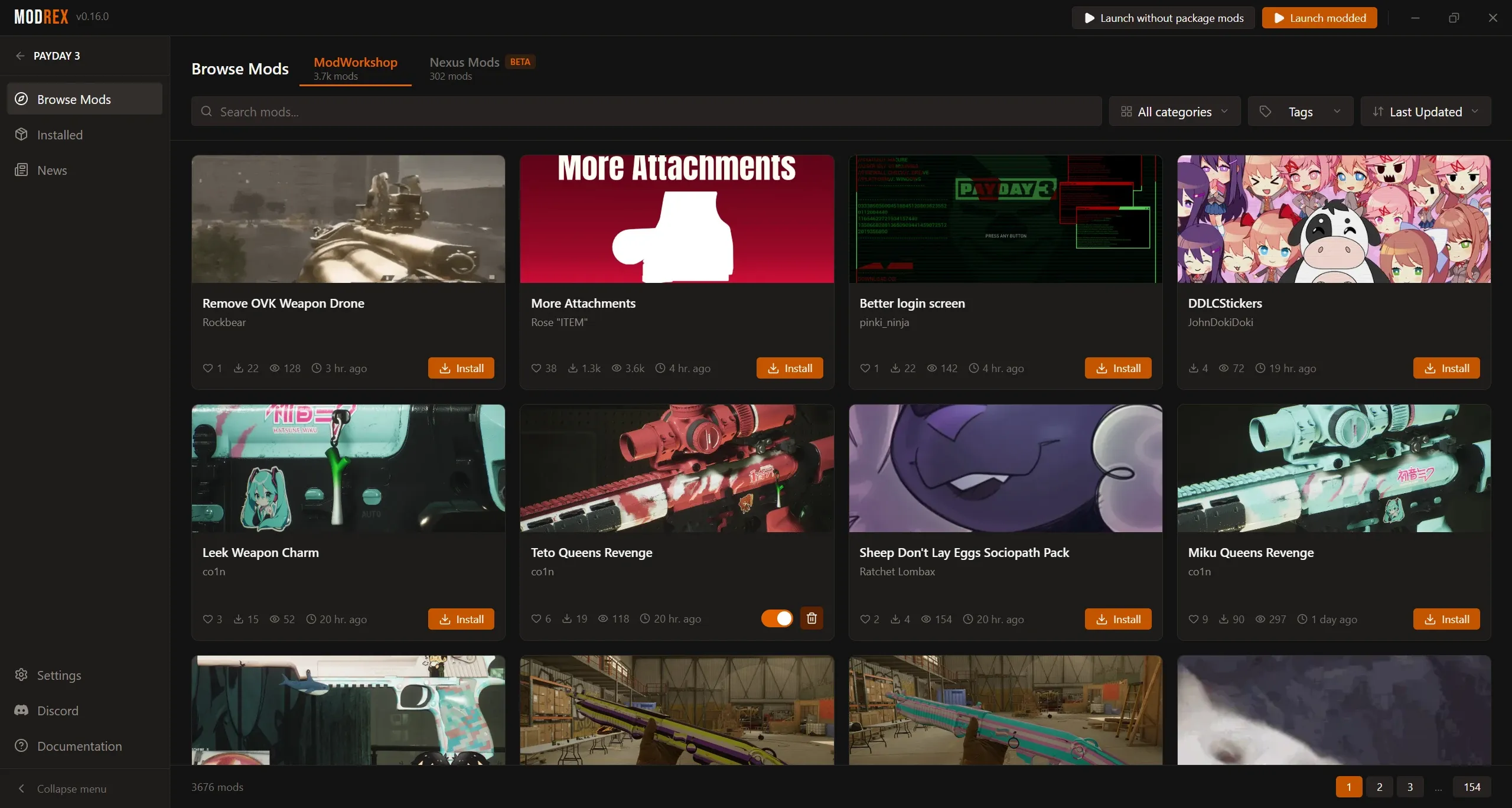 Browsing ModWorkshop and Nexus Mods inside Modrex